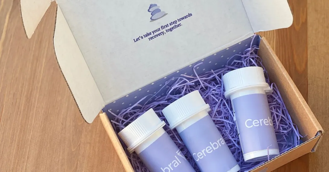 A box containing Cerebral prescriptions that reads "Let's take your first step toward recovery, together."